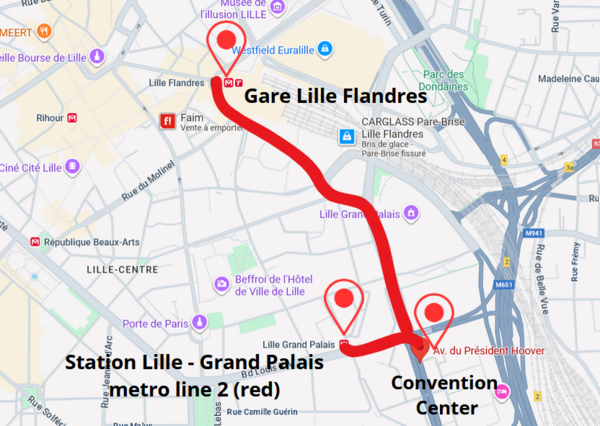 Plan : Gare Lille Flandres ; Station Lille - Grand Palais metro line 2 (red) ; Convention Center